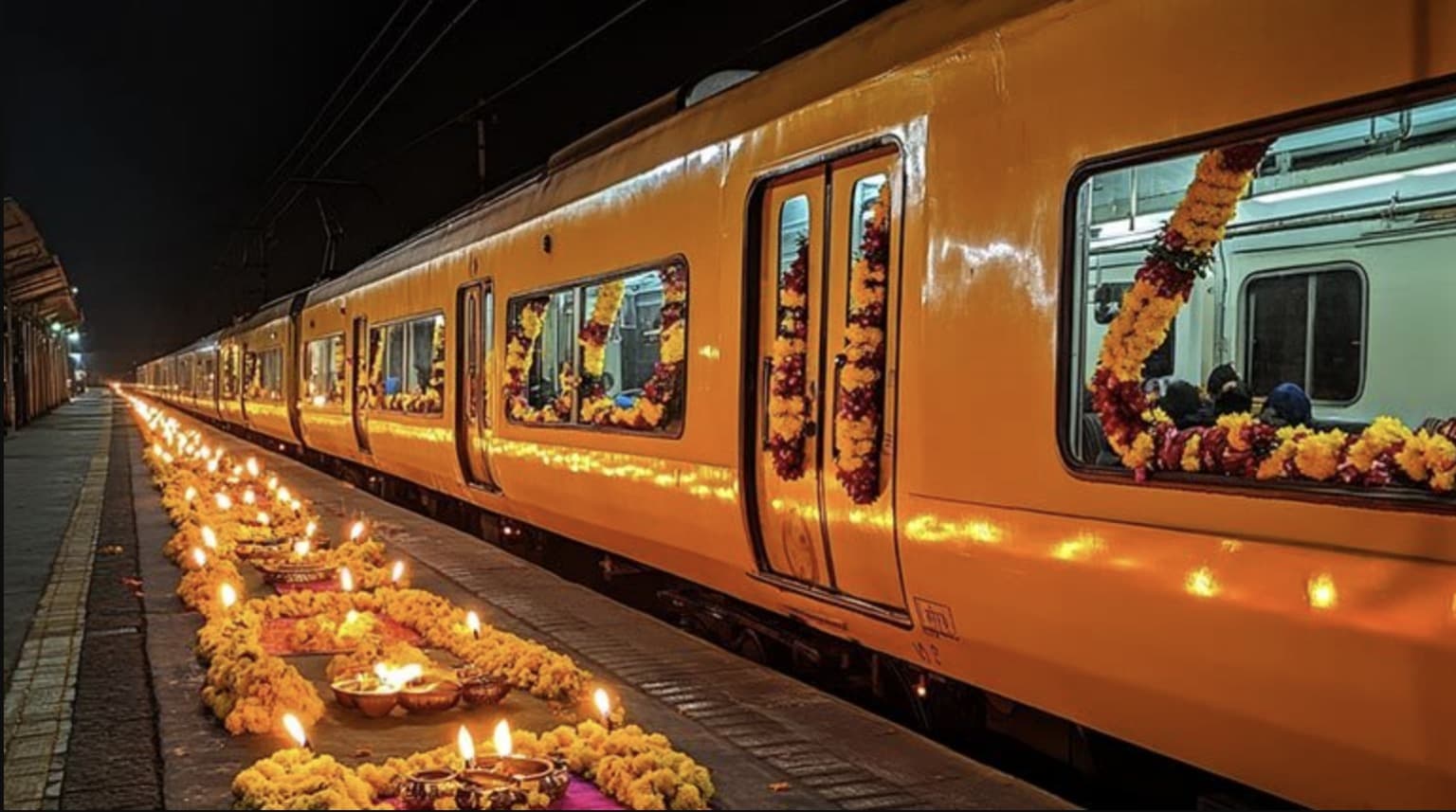 Chhath Puja ke liye genda phoolon se saji train aur diyon se roshan platform ka illustration