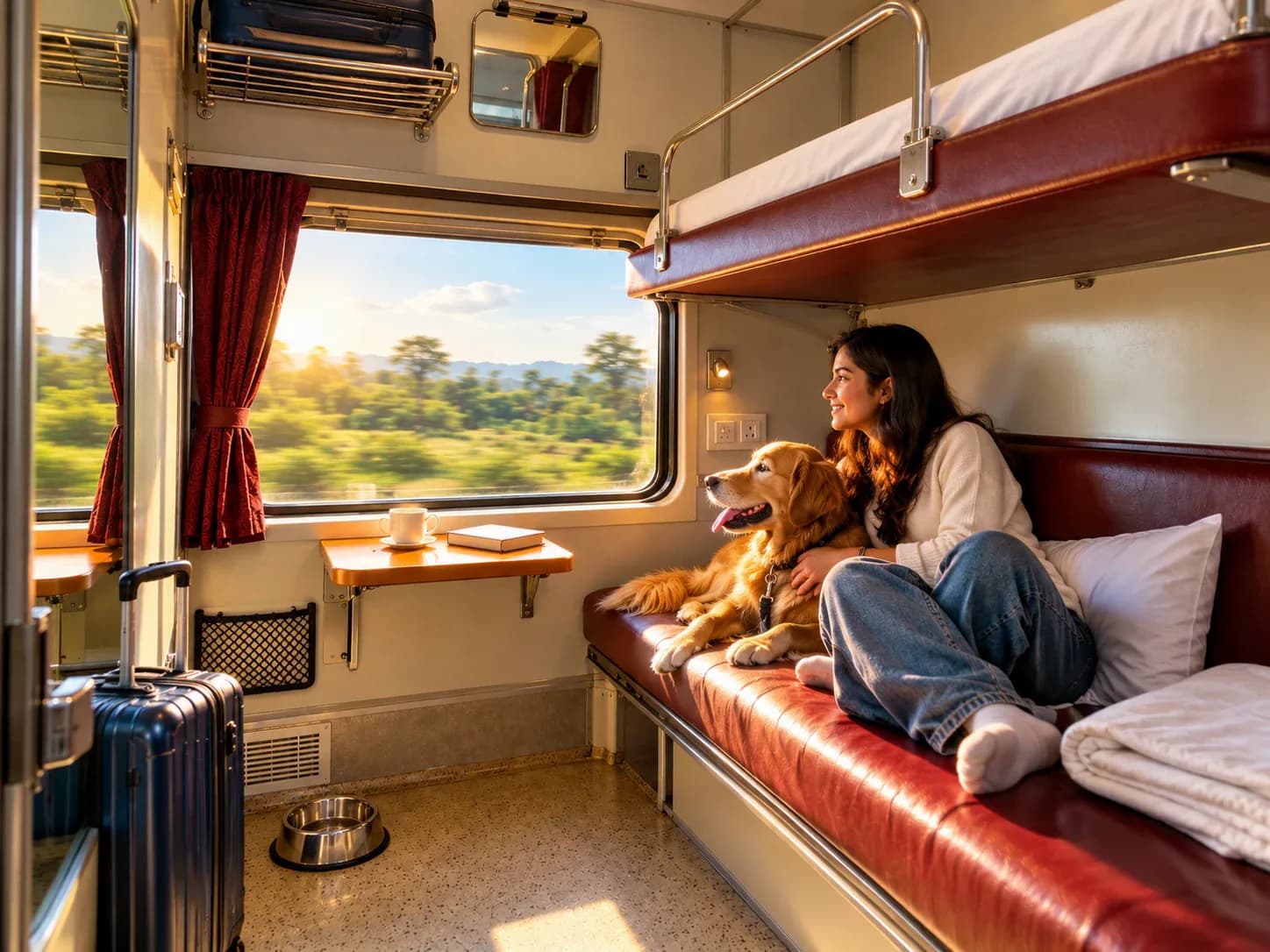 Illustration of a pet travelling in a First AC coupé: a woman and her golden retriever on a leash sit on the lower berth and look out of the window