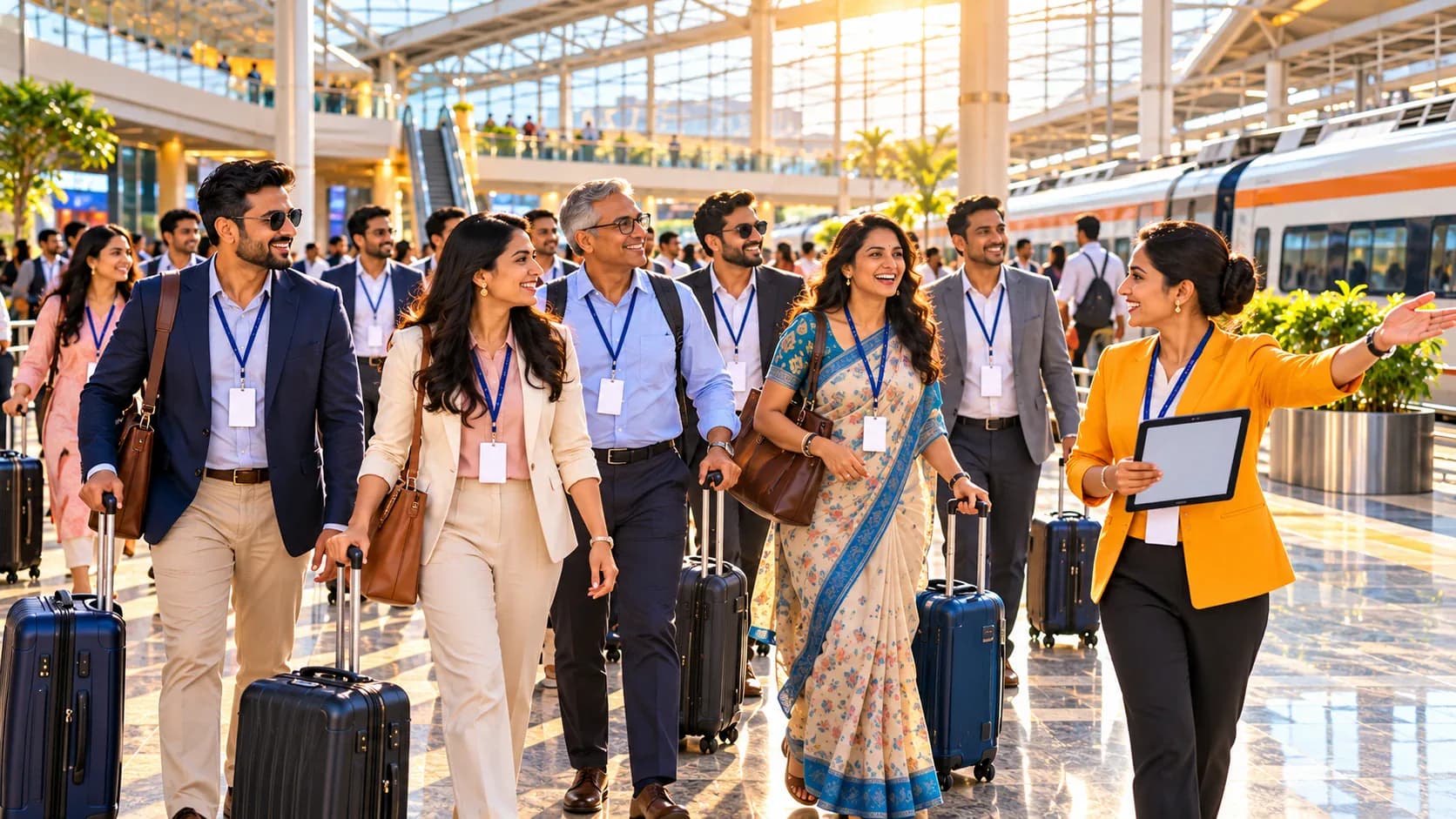 Illustration of conference delegates with lanyards and suitcases arriving at a station concourse, greeted by an event coordinator