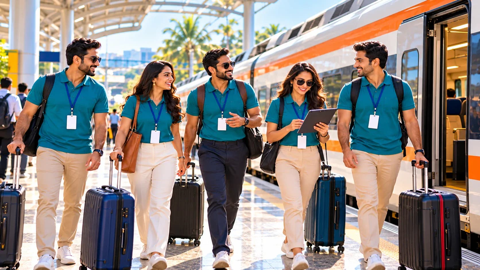 Illustration of an exhibition team in matching teal polo shirts walking along a platform with their suitcases after stepping off a train