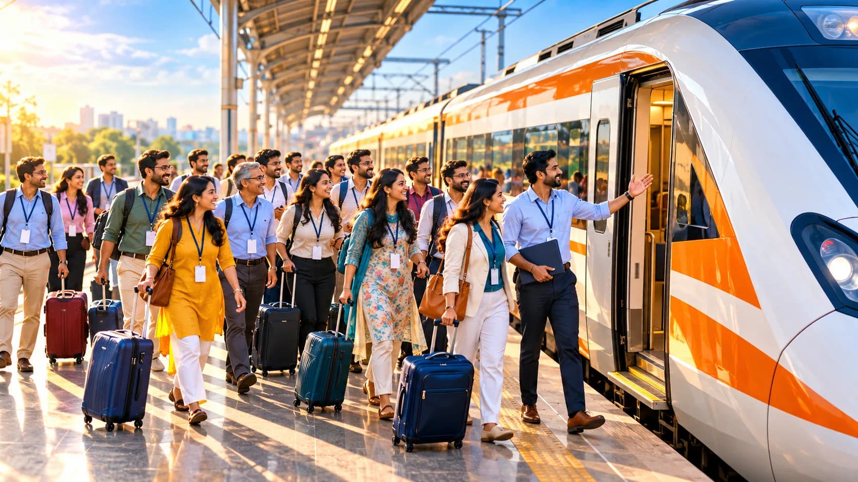 Illustration of a company group with matching suitcases and lanyards walking along a sunlit platform to board a modern express train together