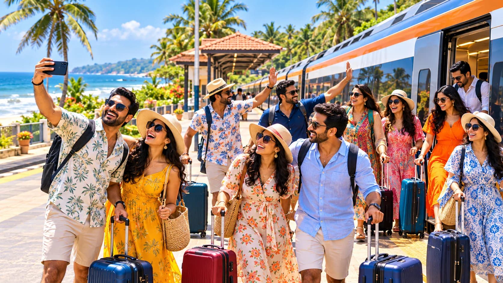 Illustration of a dealer group in holiday clothes arriving by train at a sunny coastal station, taking a selfie with their suitcases