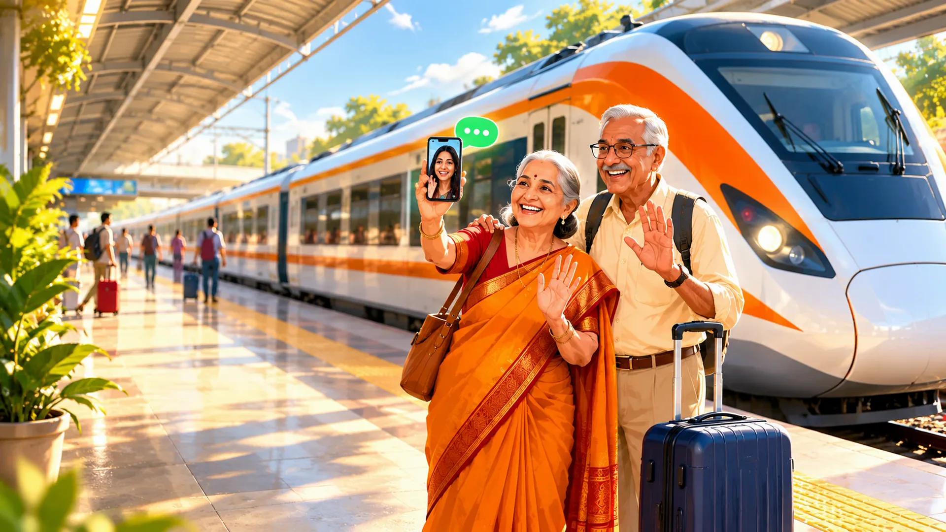 Illustration of an elderly couple with a suitcase on a station platform, waving at a video call from their daughter abroad, with a Vande Bharat style train behind them