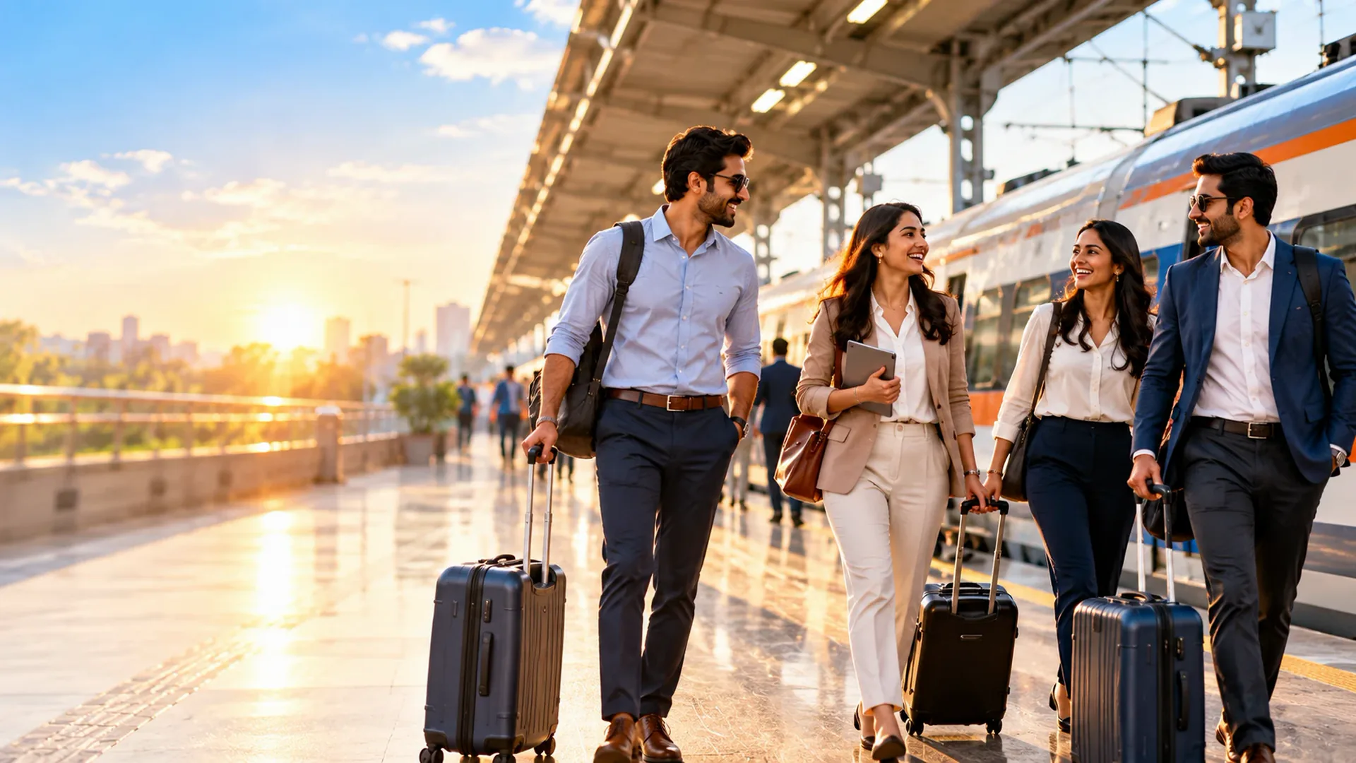 Illustration of four colleagues with laptop bags and suitcases laughing together on a station platform beside a train