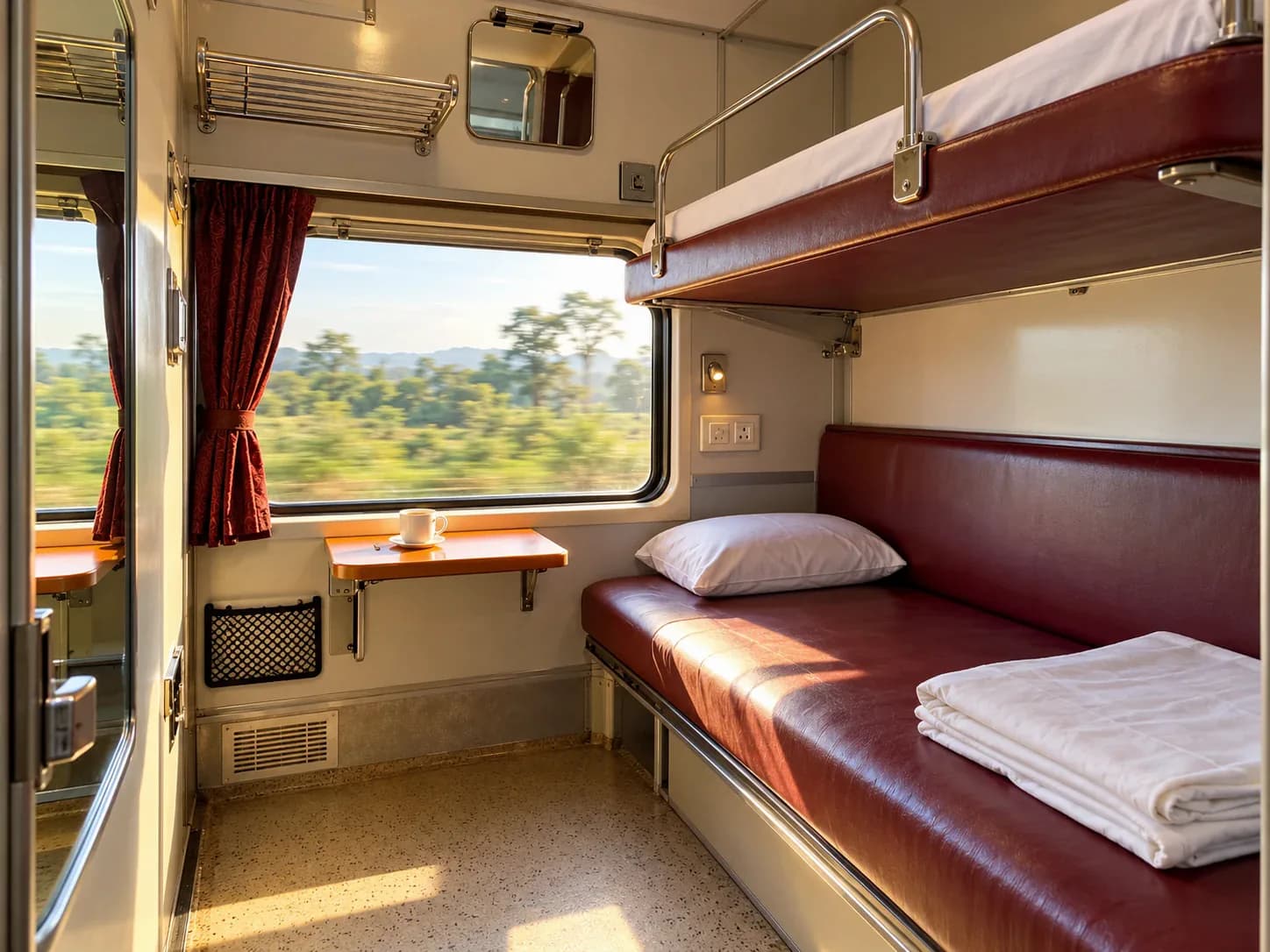 Illustration of a typical First AC coupé: two berths, a window with a maroon curtain, a fold-down table and a luggage rack