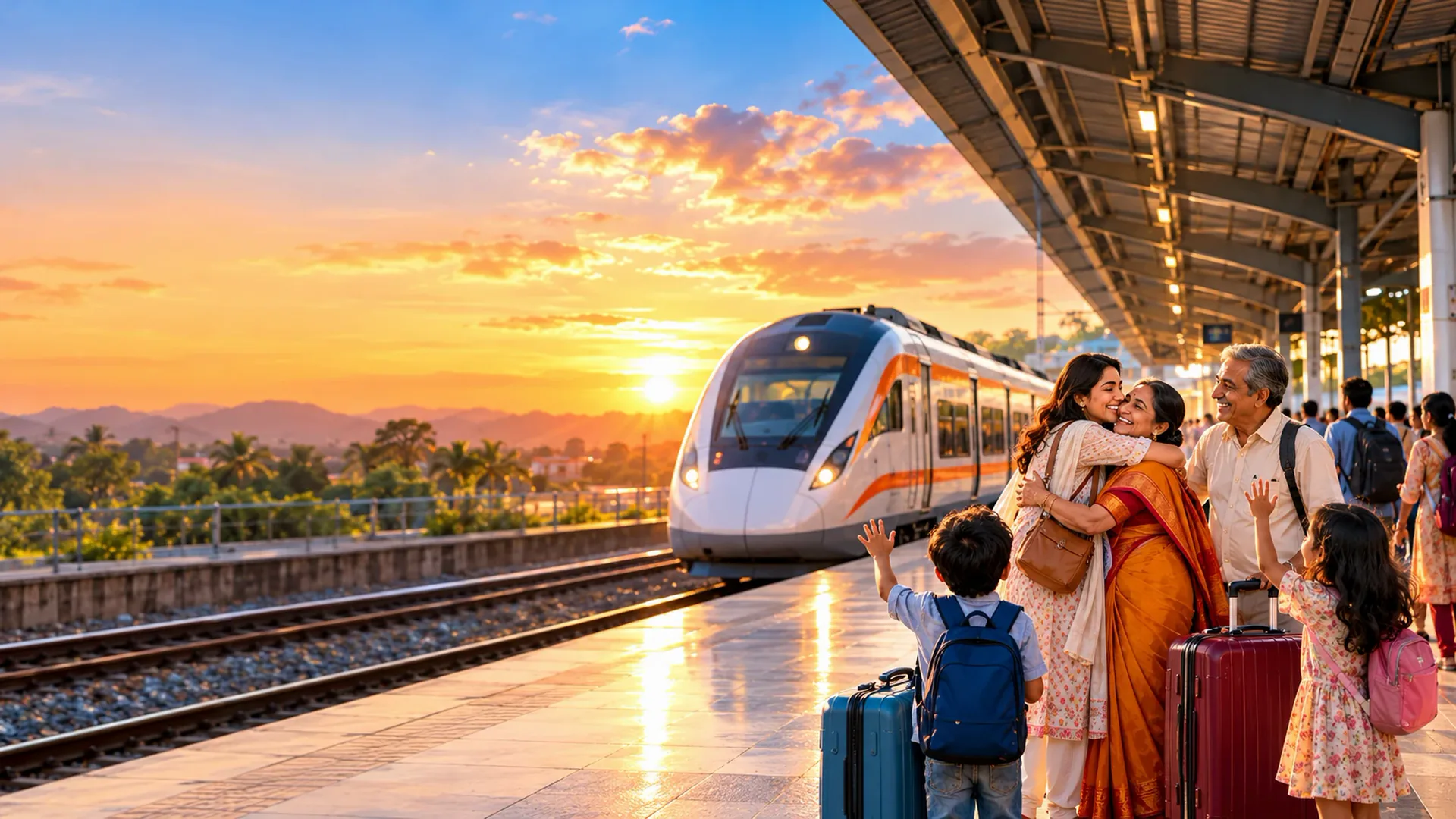 Illustration of a family hugging on a station platform at sunset as a modern express train arrives