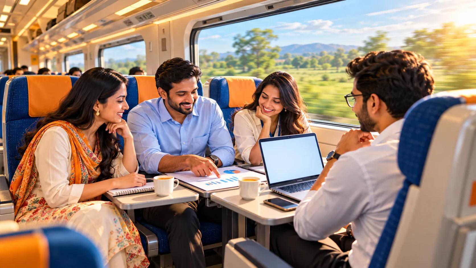 Illustration of four colleagues holding a meeting on a day train, with a laptop, a printed chart and cups of tea on the tables