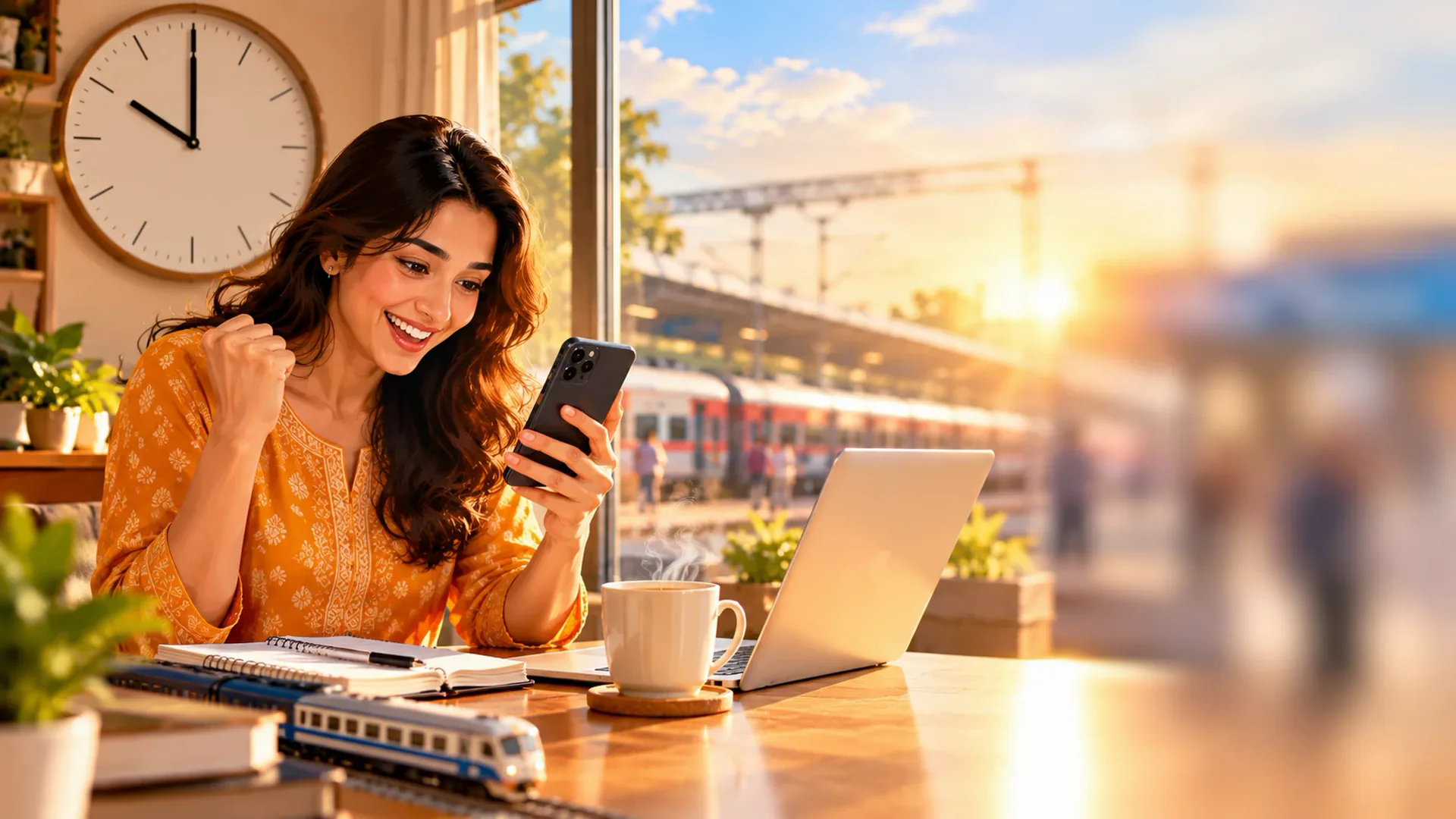Illustration of a young woman cheering at her phone at ten o'clock, with a cup of tea and a laptop on the table